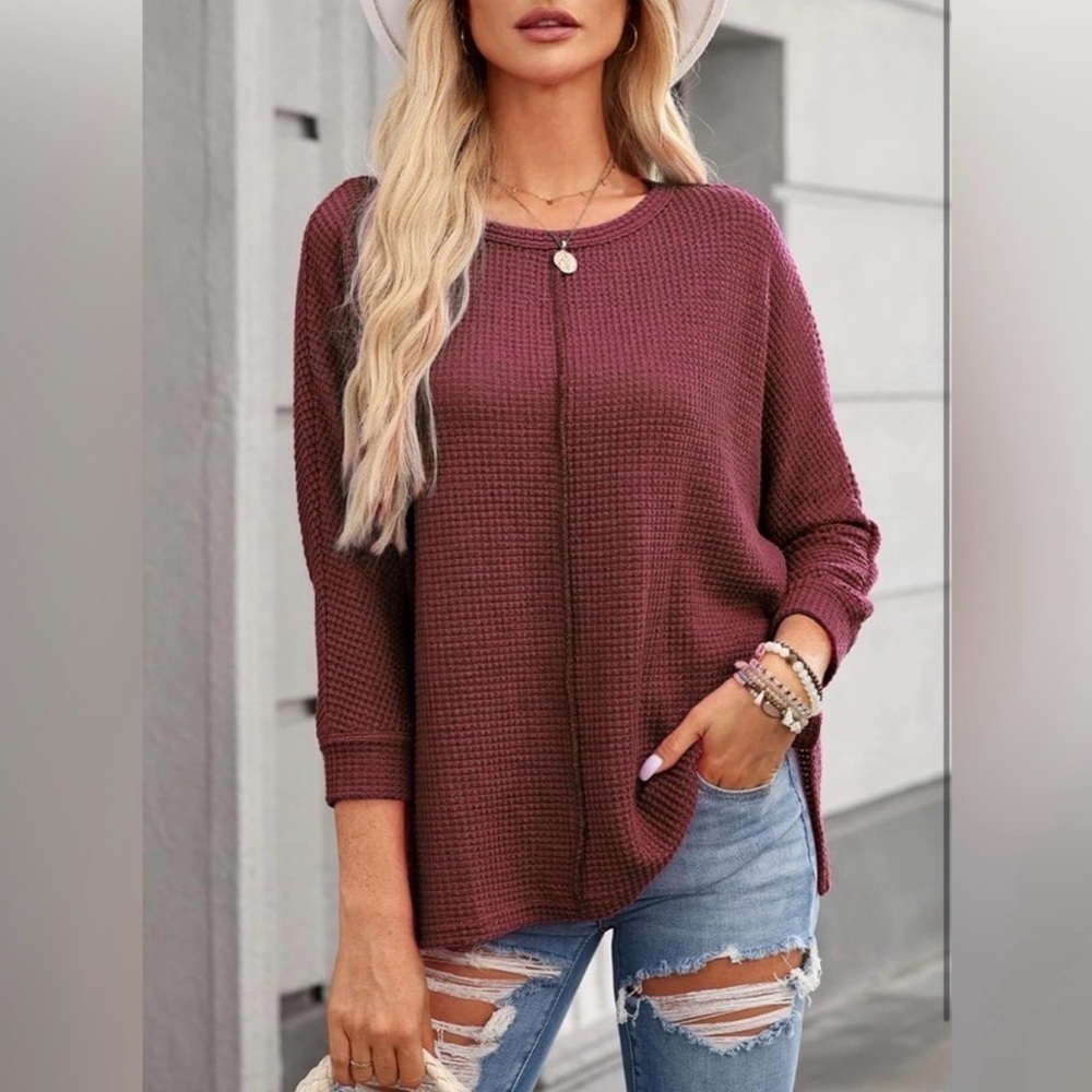 Dokotoo Women's Waffle Knit Top Long Sleeve Crewneck Dressy Casual Size 2XL